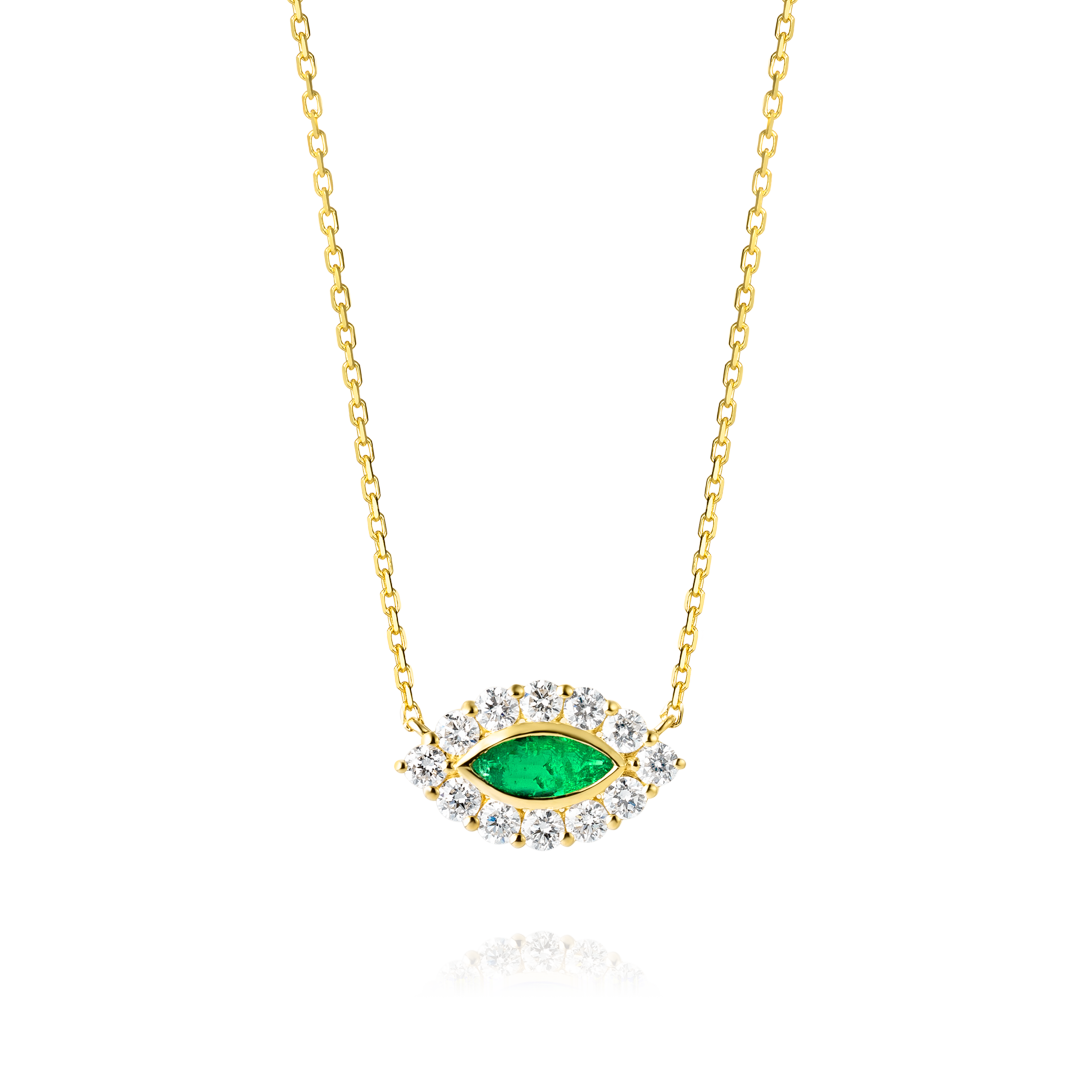 Marquise Evil Eye Colombian Emerald And Diamond Pendant Yellow Gold