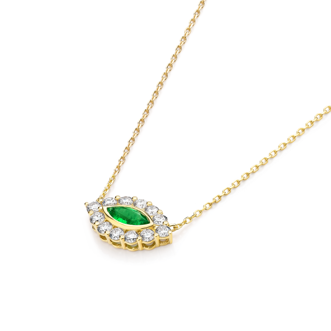 Marquise Evil Eye Colombian Emerald And Diamond Pendant Yellow Gold