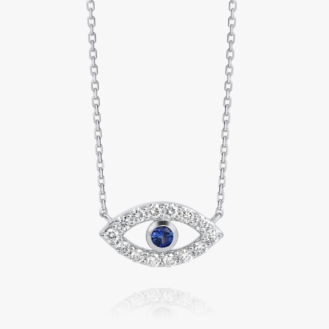 Round Evil Eye Blue Sapphire Pendant White Gold
