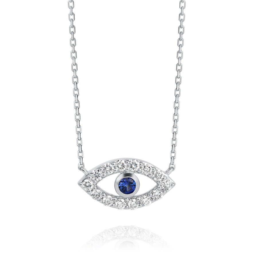 Round Evil Eye Blue Sapphire Pendant White Gold