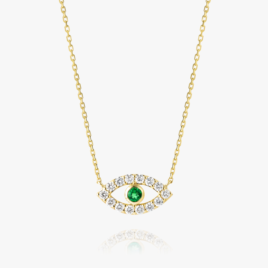 Round Evil Eye Green Emerald Pendant Yellow Gold