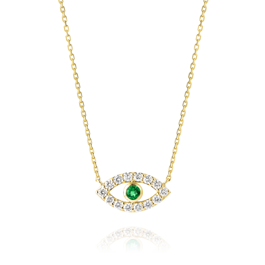 Round Evil Eye Green Emerald Pendant Yellow Gold