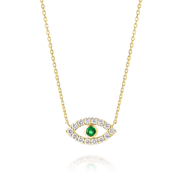 Round Evil Eye Green Emerald Pendant Yellow Gold