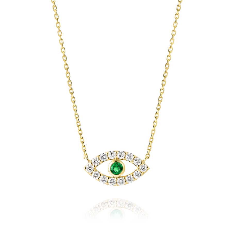 Round Evil Eye Green Emerald Pendant Yellow Gold