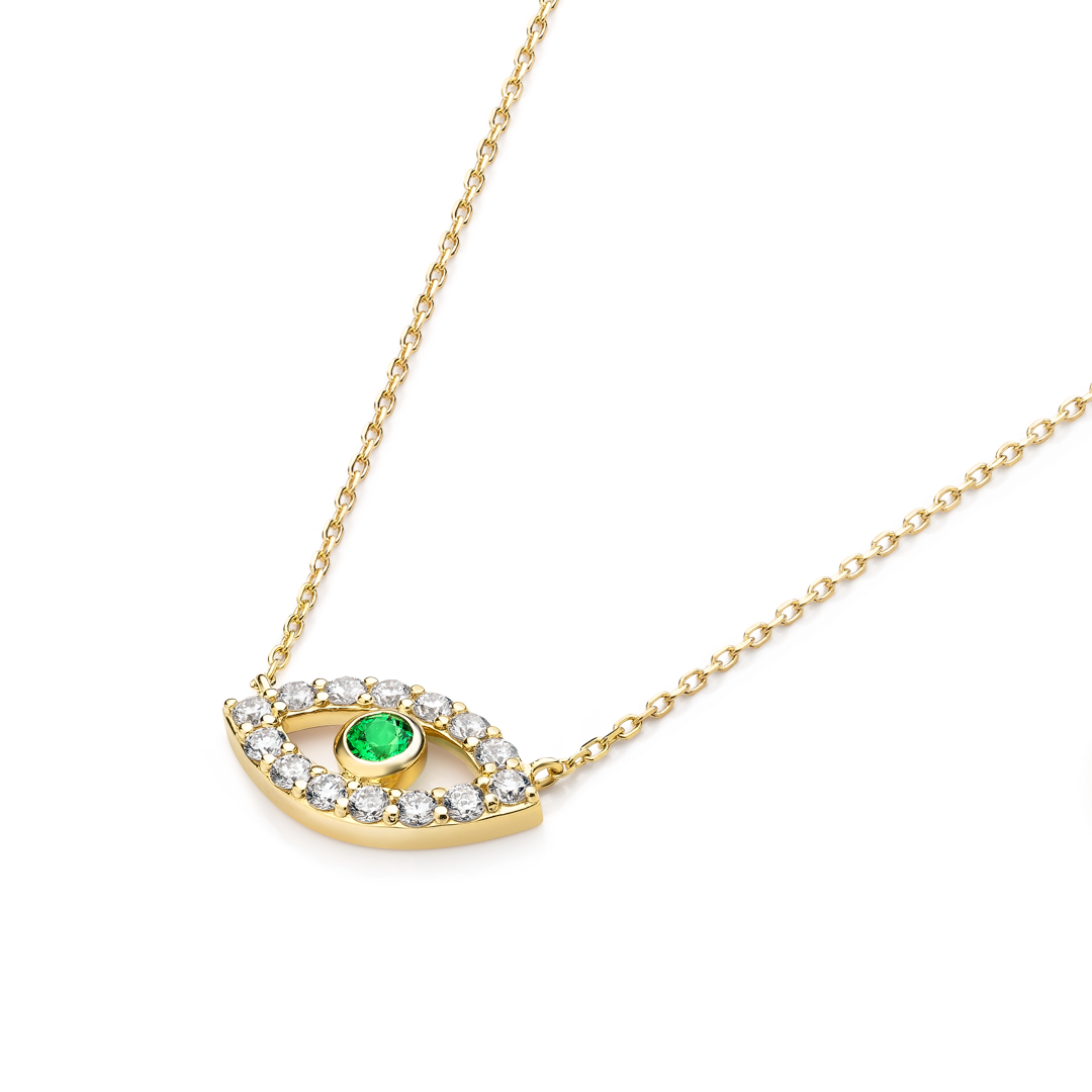 Round Evil Eye Green Emerald Pendant Yellow Gold