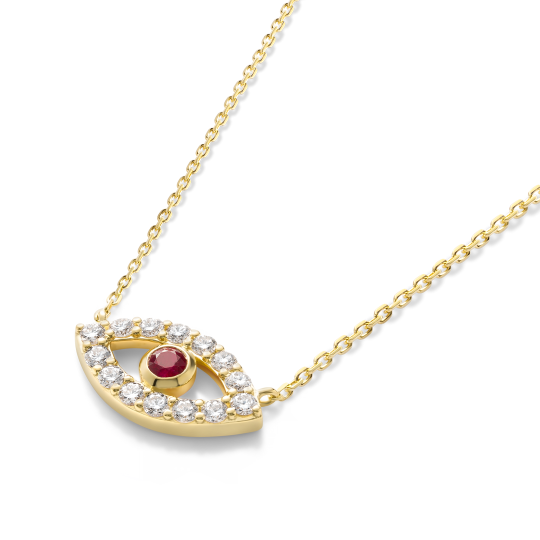 Round Evil Eye Red Ruby Pendant Yellow Gold