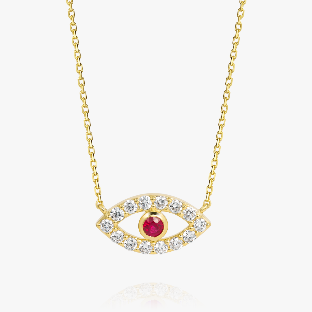 Round Evil Eye Red Ruby Pendant Yellow Gold