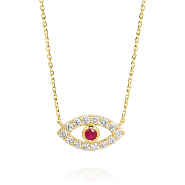 Round Evil Eye Red Ruby Pendant Yellow Gold