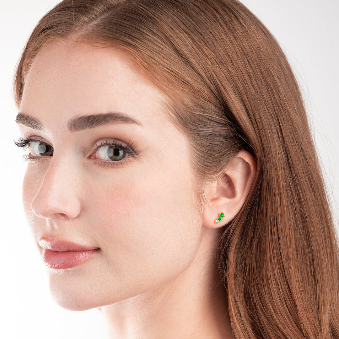 Graduating Trio Colombian Emerald Lab-Grown Diamond Bar Earrings Yellow Gold