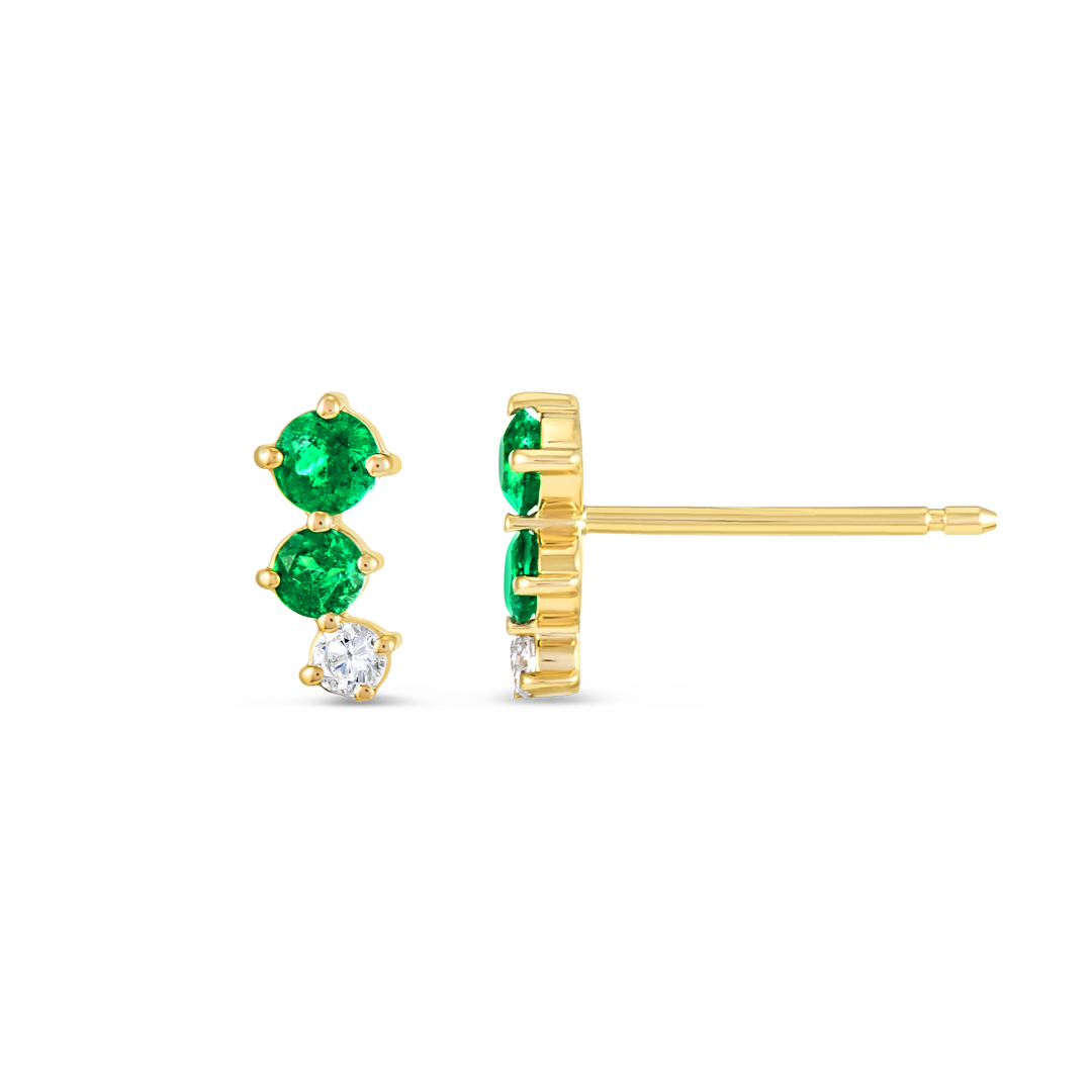 Graduating Trio Colombian Emerald Lab-Grown Diamond Bar Earrings Yellow Gold