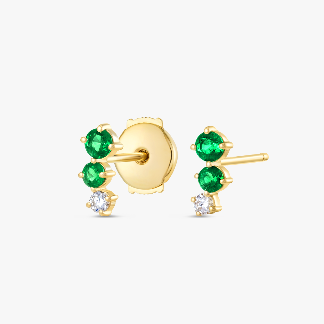 Graduating Trio Colombian Emerald Lab-Grown Diamond Bar Earrings Yellow Gold