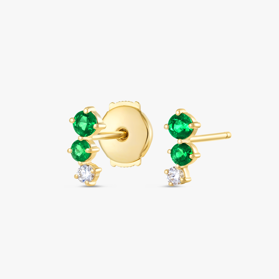 Graduating Trio Colombian Emerald Lab-Grown Diamond Bar Earrings Yellow Gold