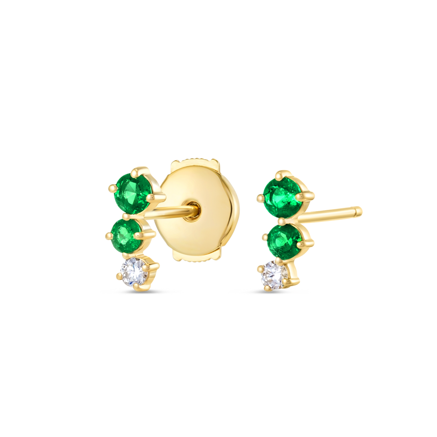 Graduating Trio Colombian Emerald Lab-Grown Diamond Bar Earrings Yellow Gold
