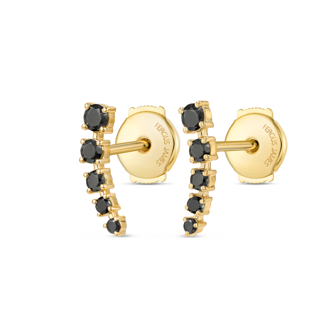Half Moon Black Diamond Bar Earrings Yellow Gold