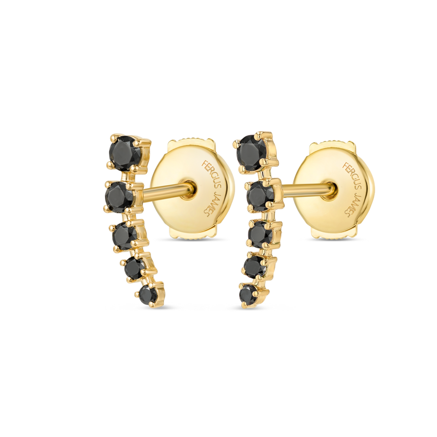 Half Moon Black Diamond Bar Earrings Yellow Gold