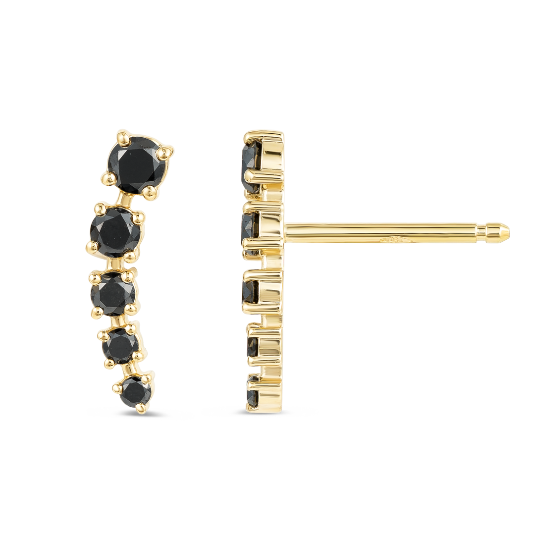Half Moon Black Diamond Bar Earrings Yellow Gold