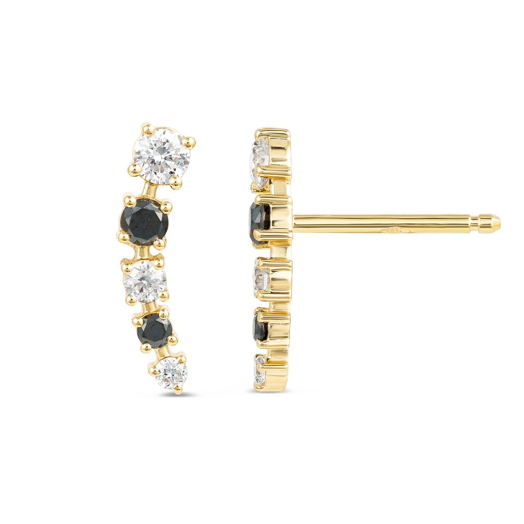 Half Moon Black Diamond Bar Earrings Yellow Gold