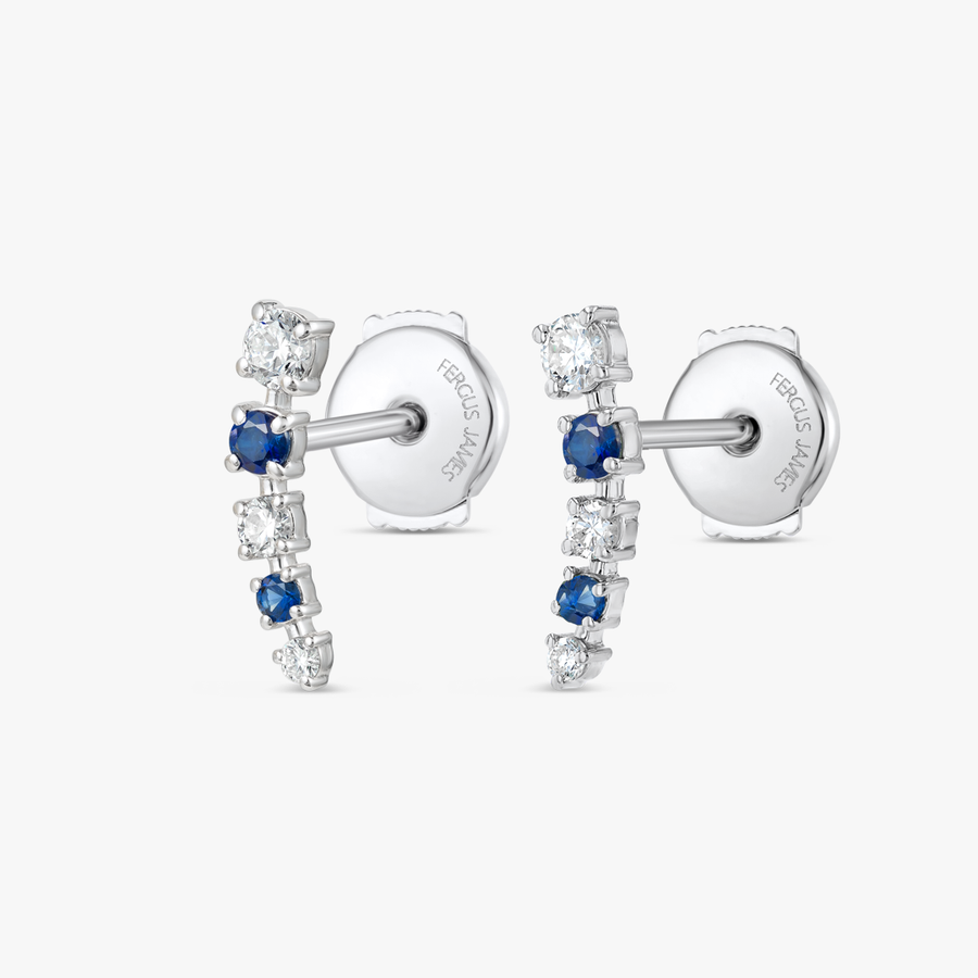Half Moon Lab-Grown Diamond & Blue Sapphire Bar Earrings White Gold