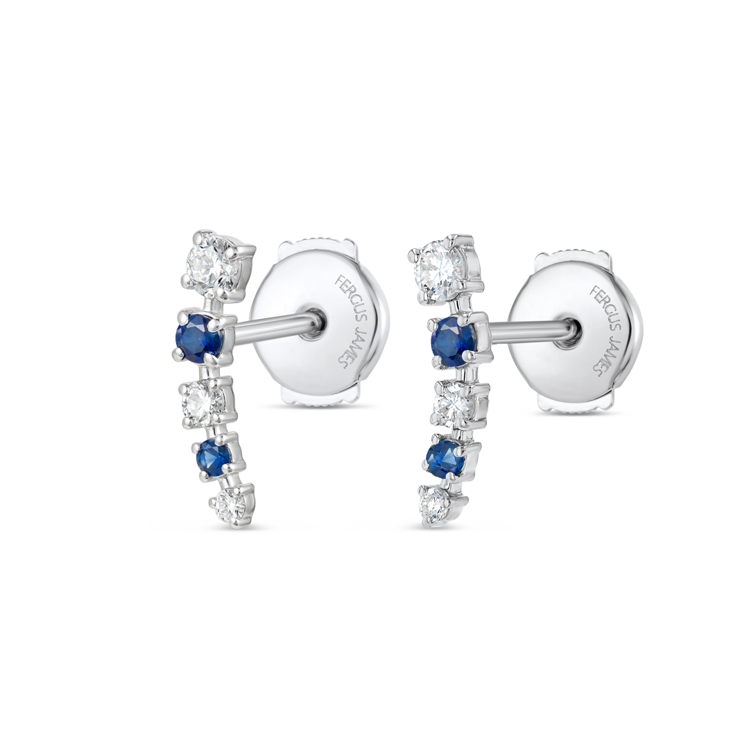 Half Moon Lab-Grown Diamond & Blue Sapphire Bar Earrings White Gold