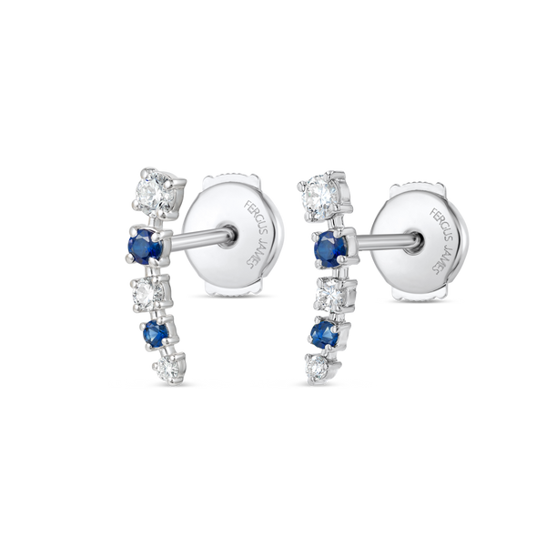 Half Moon Lab-Grown Diamond & Blue Sapphire Bar Earrings White Gold