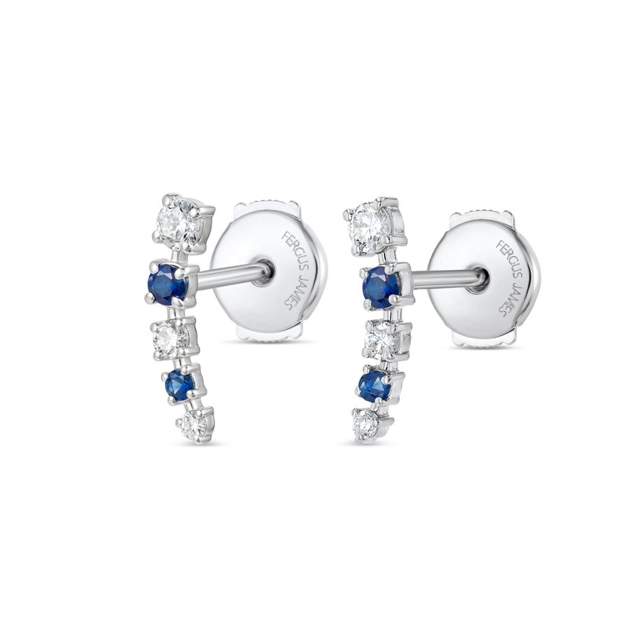 Half Moon Lab-Grown Diamond & Blue Sapphire Bar Earrings White Gold