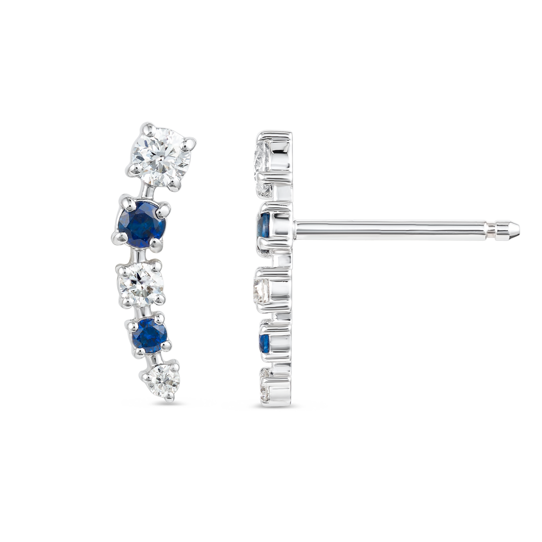 Half Moon Lab-Grown Diamond & Blue Sapphire Bar Earrings White Gold