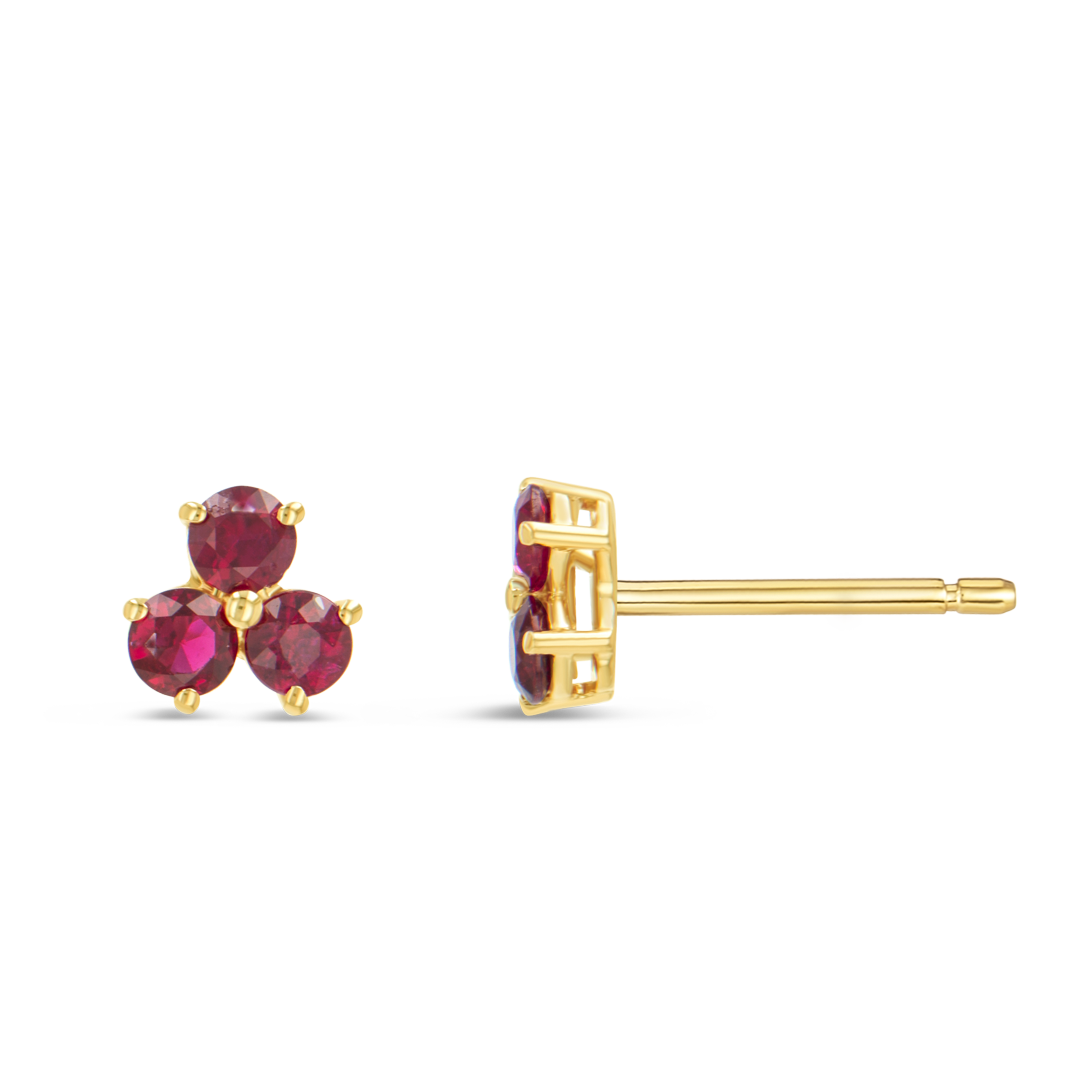 Trio Cluster Ruby Earrings Yellow Gold