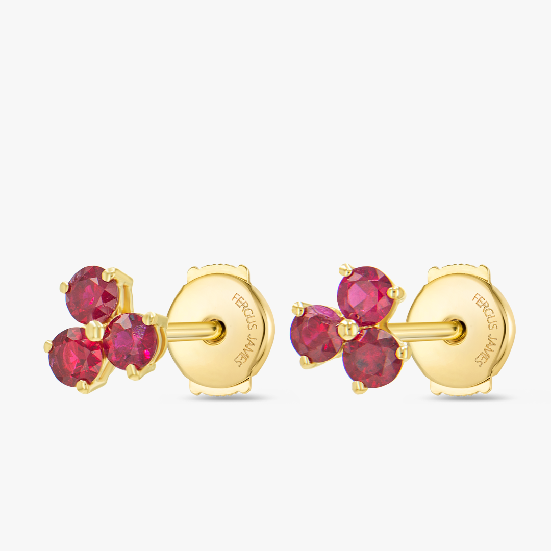 Trio Cluster Ruby Earrings Yellow Gold