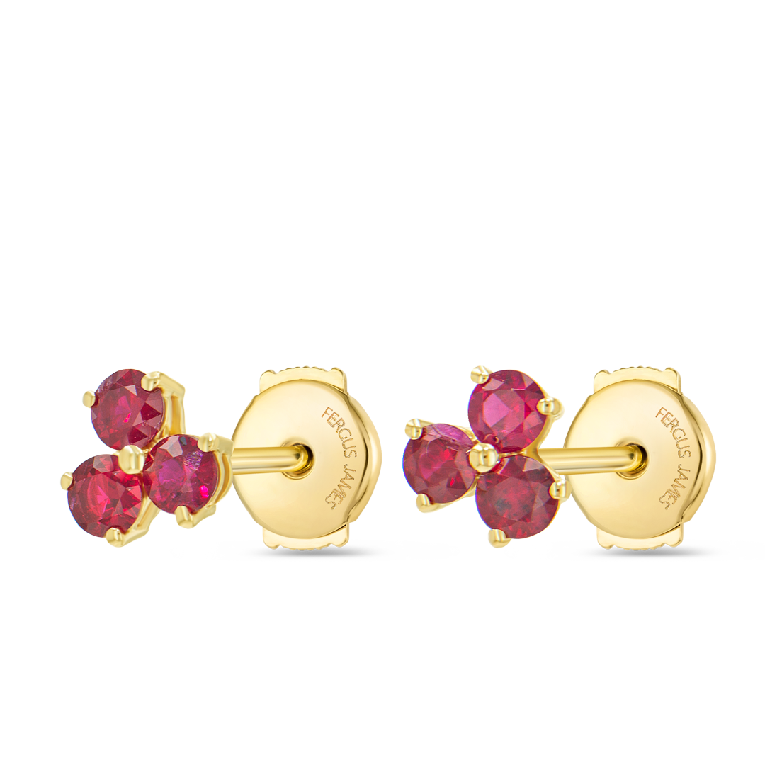 Trio Cluster Ruby Earrings Yellow Gold