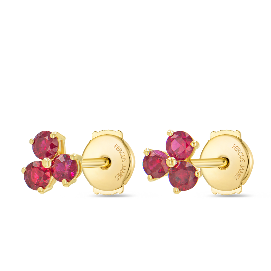 Trio Cluster Ruby Earrings Yellow Gold