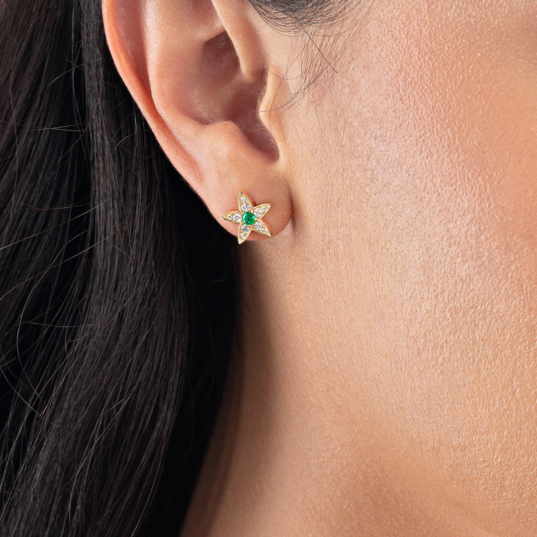 Emerald & Lab-Grown Diamond Star Earrings Yellow Gold