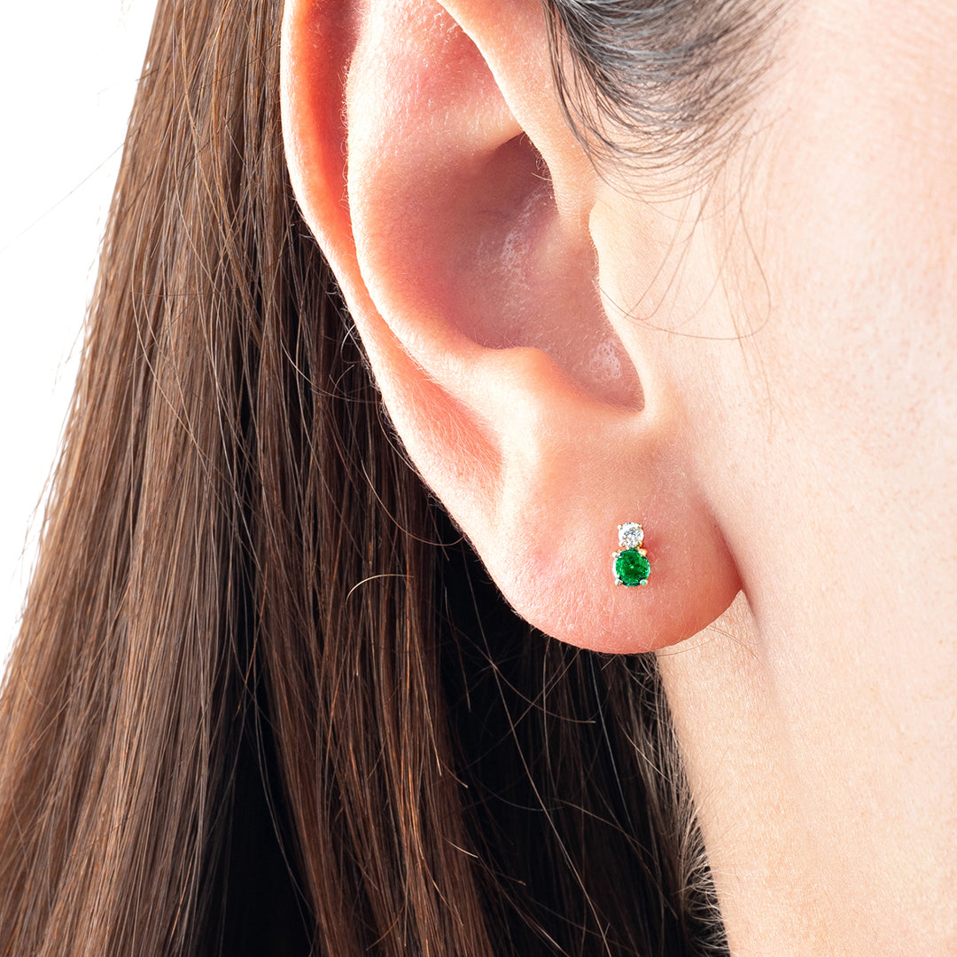 Mini Duo Colombian Emerald & Lab-Grown Diamond Earrings Yellow Gold