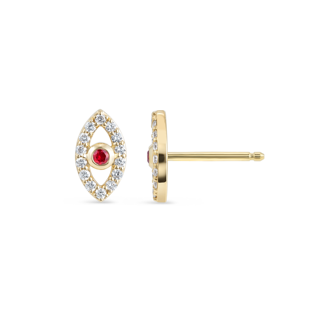 Ruby Evil Eye Earrings Yellow Gold
