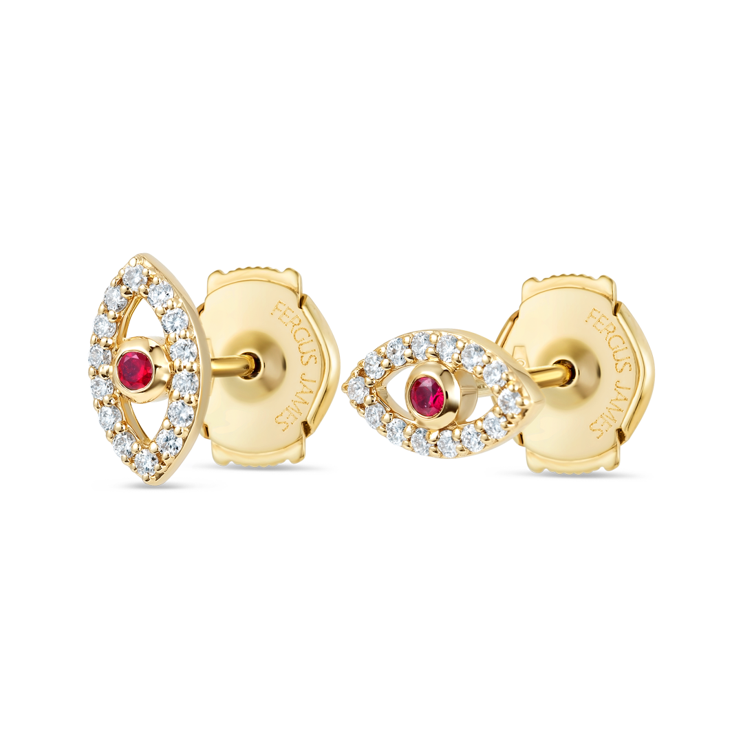 Ruby Evil Eye Earrings Yellow Gold