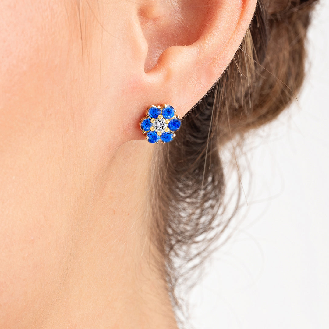 Sri Lankan Ceylon Blue Sapphire & Lab-Grown Diamond Halo Earrings Yellow Gold