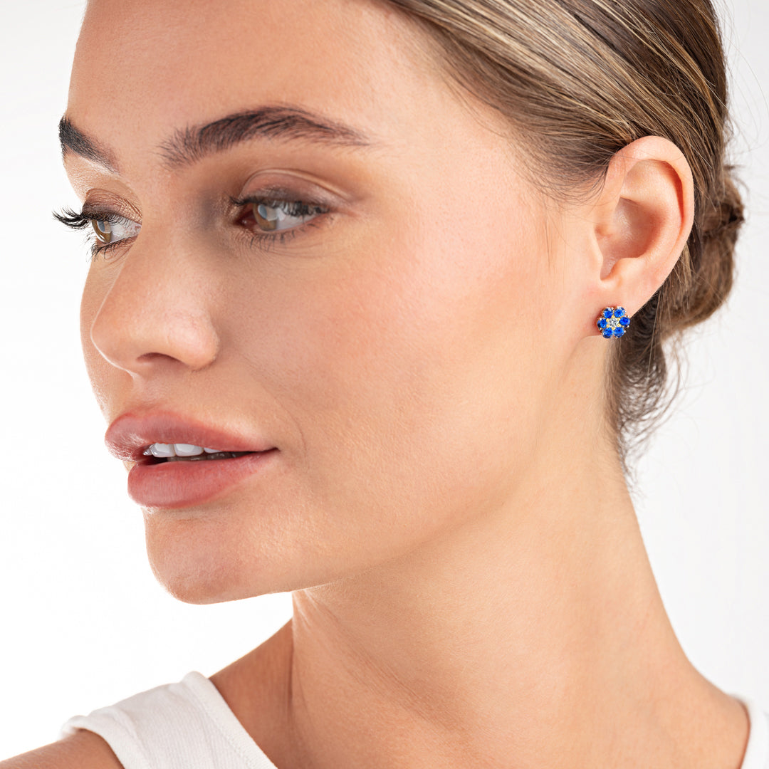 Sri Lankan Ceylon Blue Sapphire & Lab-Grown Diamond Halo Earrings Yellow Gold