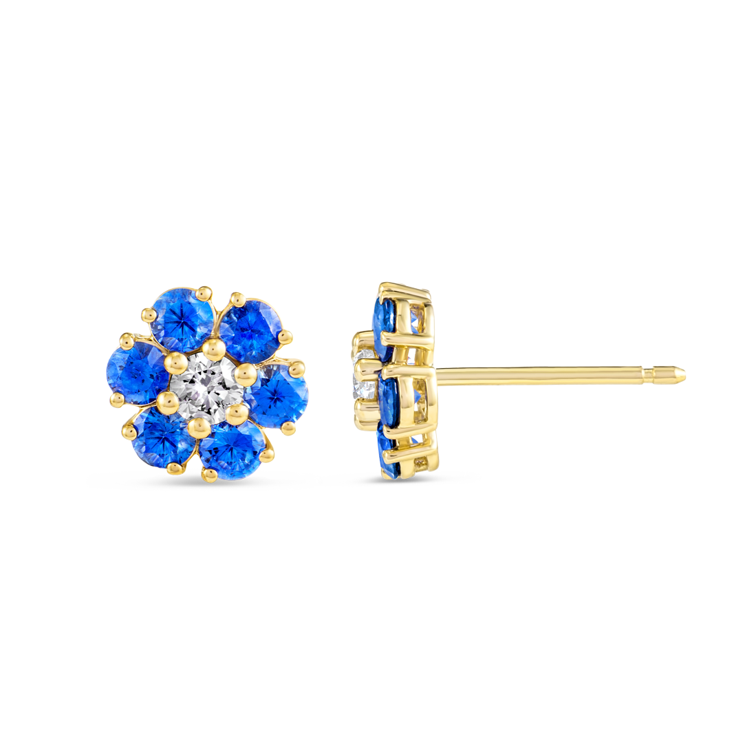 Sri Lankan Ceylon Blue Sapphire & Lab-Grown Diamond Halo Earrings Yellow Gold
