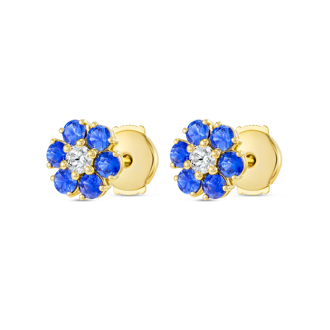 Sri Lankan Ceylon Blue Sapphire & Lab-Grown Diamond Halo Earrings Yellow Gold