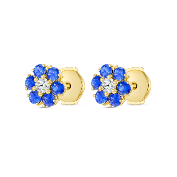 Sri Lankan Ceylon Blue Sapphire & Lab-Grown Diamond Halo Earrings Yellow Gold