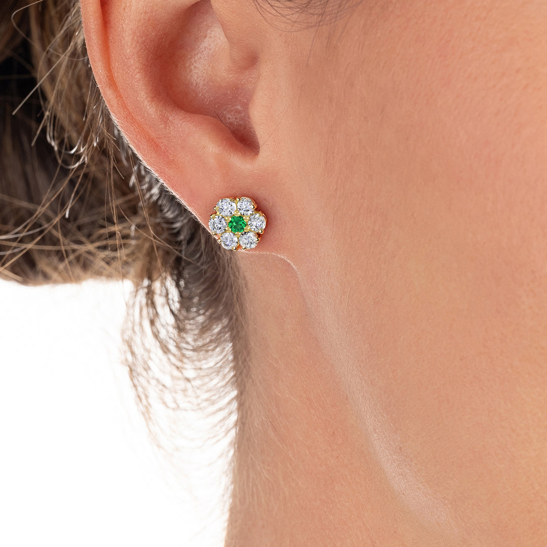 Colombian Emerald & Lab-Grown Diamond Circular Halo Earrings Yellow Gold