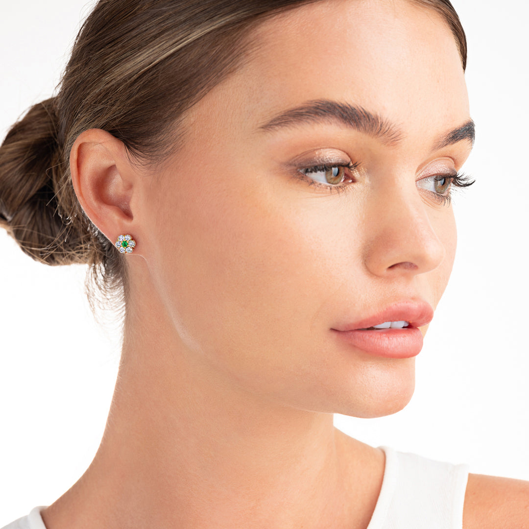Colombian Emerald & Lab-Grown Diamond Circular Halo Earrings Yellow Gold