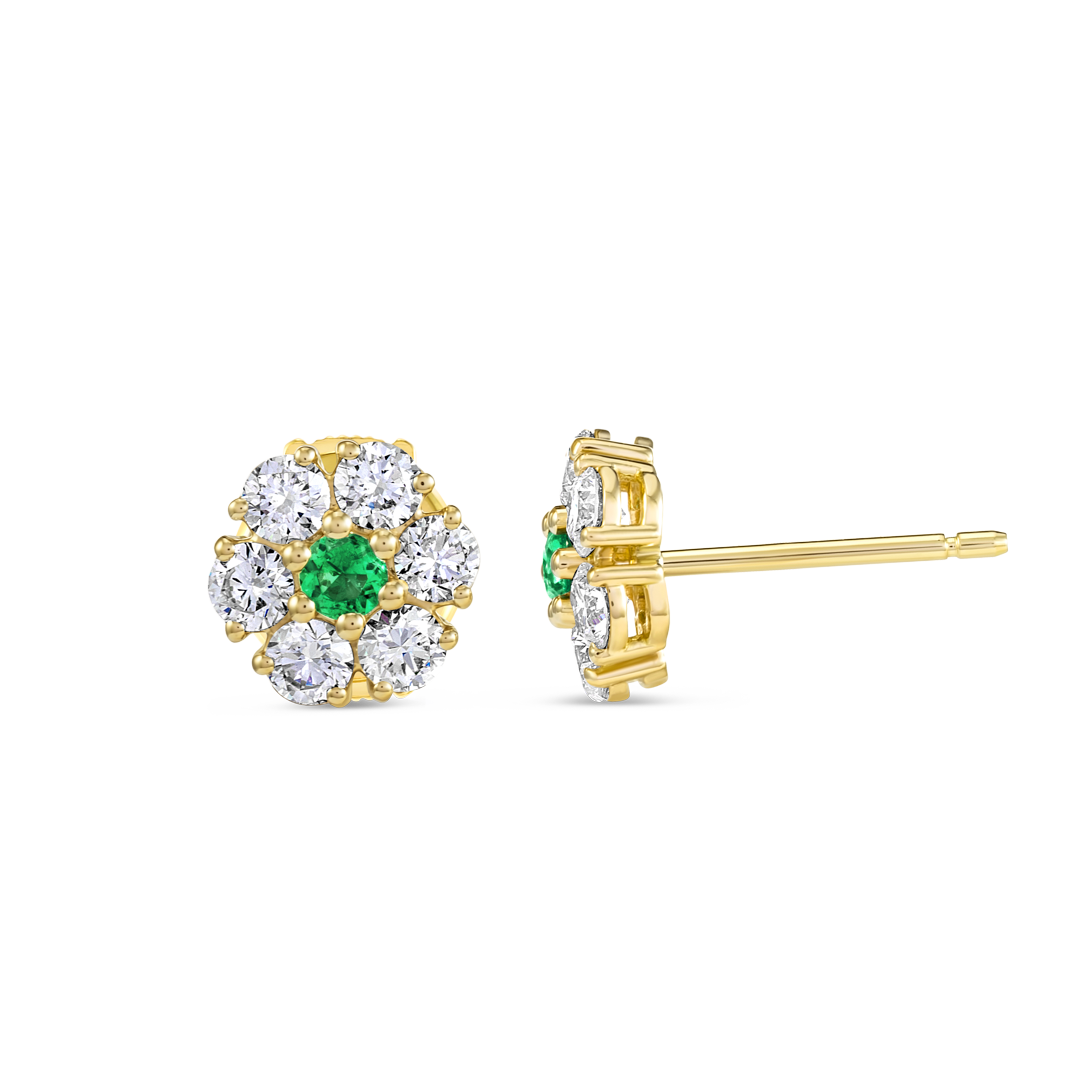 Colombian Emerald & Lab-Grown Diamond Circular Halo Earrings Yellow Gold