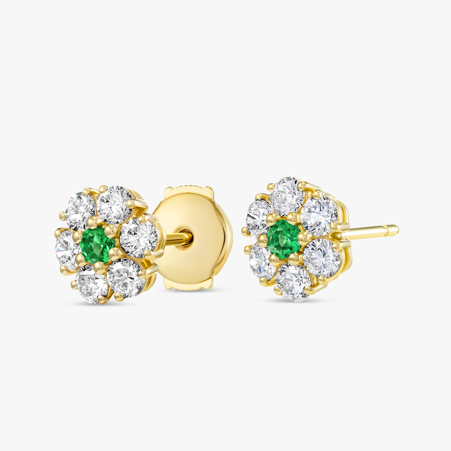 Colombian Emerald & Lab-Grown Diamond Circular Halo Earrings Yellow Gold