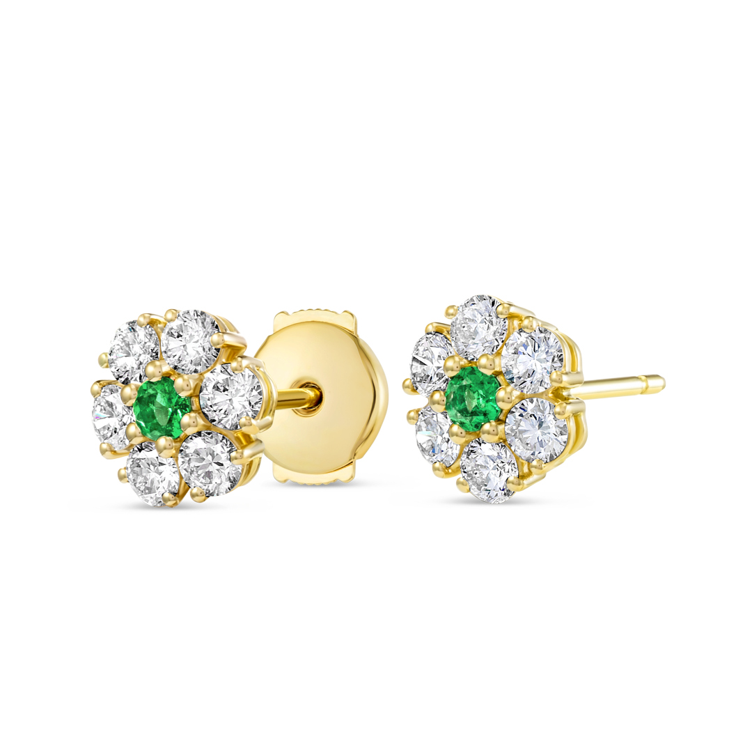 Colombian Emerald & Lab-Grown Diamond Circular Halo Earrings Yellow Gold