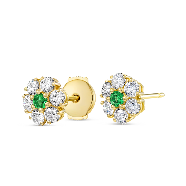 Colombian Emerald & Lab-Grown Diamond Circular Halo Earrings Yellow Gold