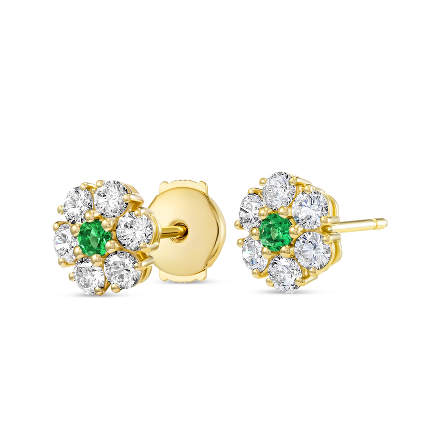 Colombian Emerald & Lab-Grown Diamond Circular Halo Earrings Yellow Gold