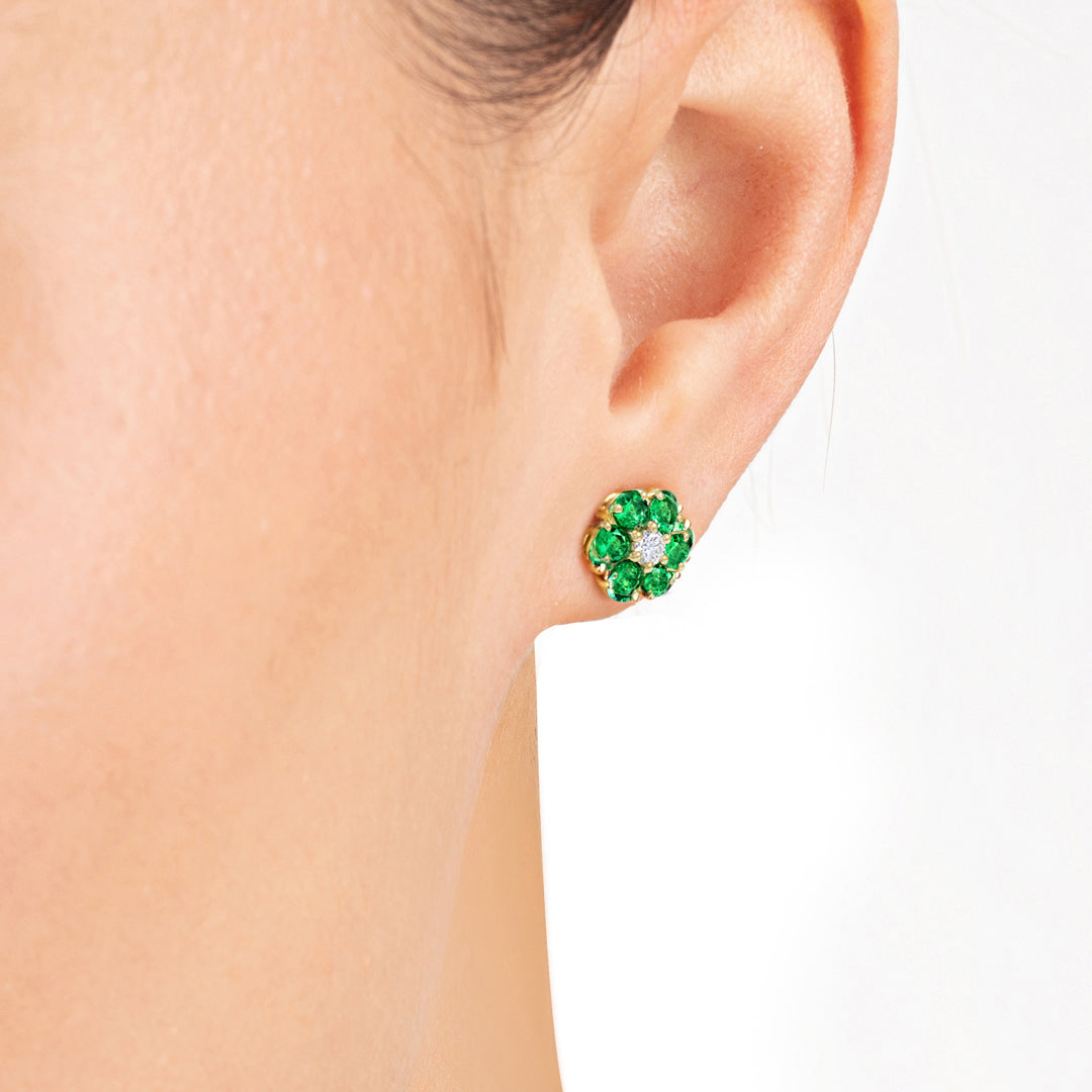 Lab-Grown Diamond & Colombian Emerald Halo Earrings Yellow Gold