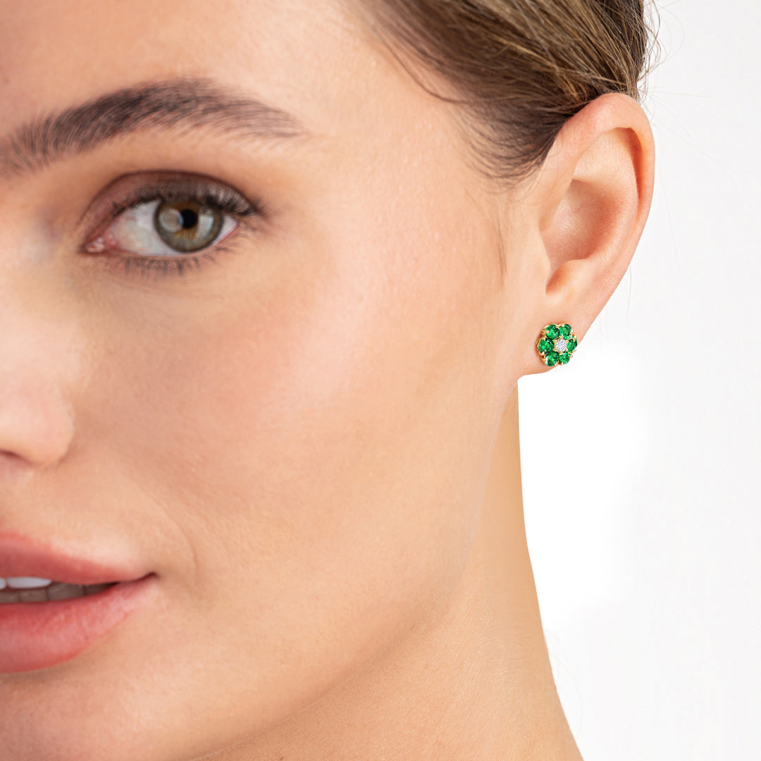 Lab-Grown Diamond & Colombian Emerald Halo Earrings Yellow Gold