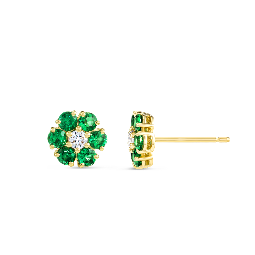 Lab-Grown Diamond & Colombian Emerald Halo Earrings Yellow Gold