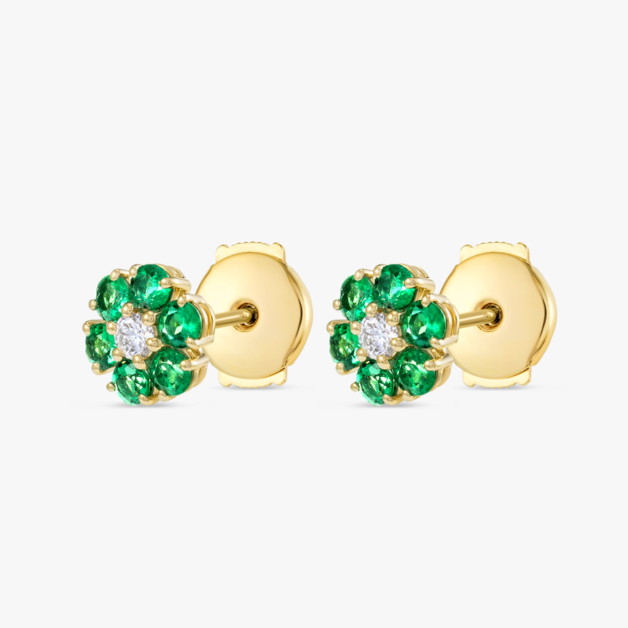 Lab-Grown Diamond & Colombian Emerald Halo Earrings Yellow Gold